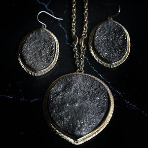 Gold Tone Necklace and Earrings with Black/Gray Druzy Stones